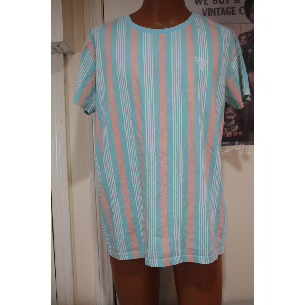 guess striped tee pastel teal pink triangle logo y2k summer vibe size large